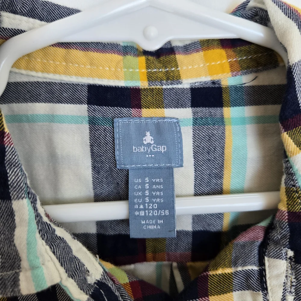Baby Gap Boys White Gray Yellow Plaid Long Roll Tab Sleeve Preppy Button Shirt 5